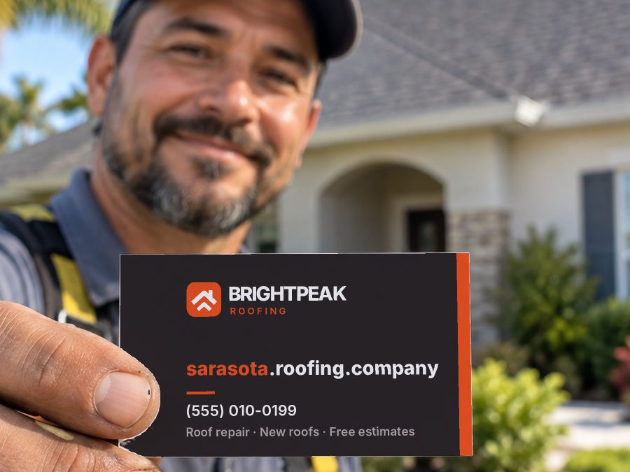 sarasota.roofing.company on a roofer's business card