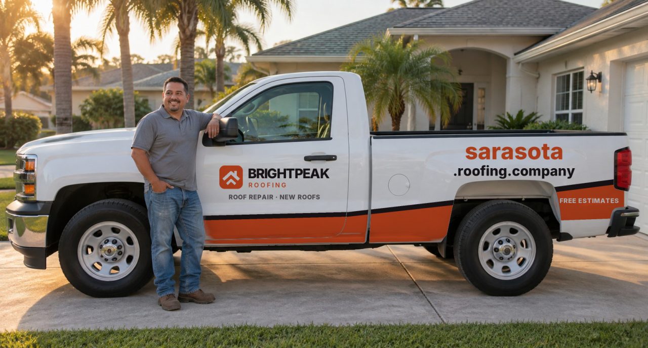 sarasota.roofing.company painted on the side of a white work truck