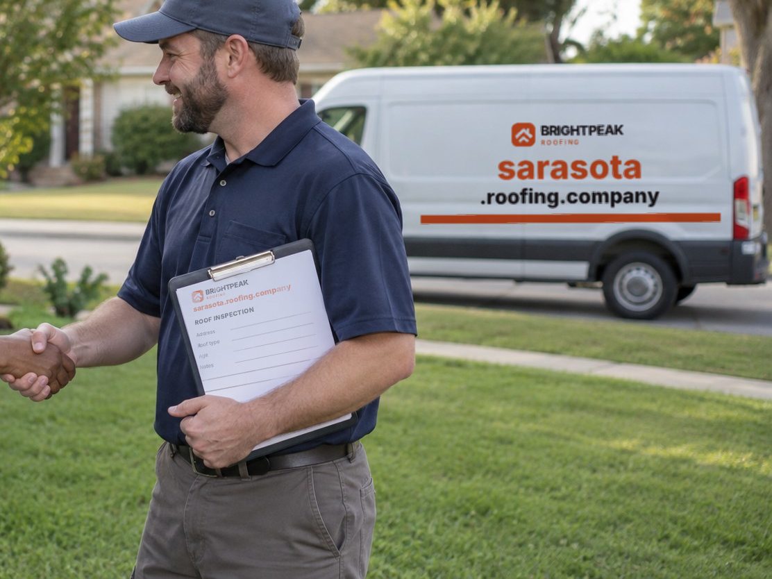 sarasota.roofing.company on a roofing van and an inspection form